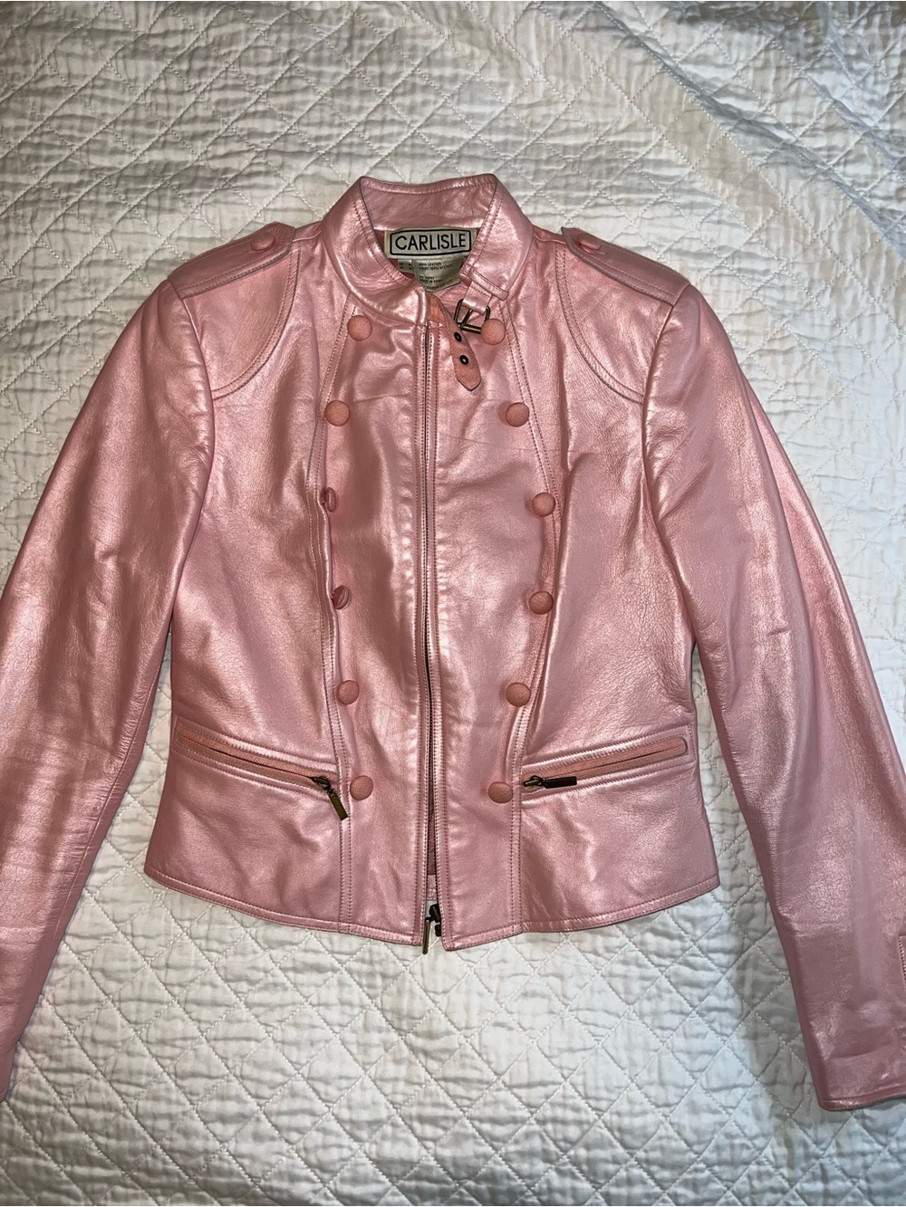 Carlisle Pink Metallic Leather Motorcycle/Biker Jacket Double Breast Size 4